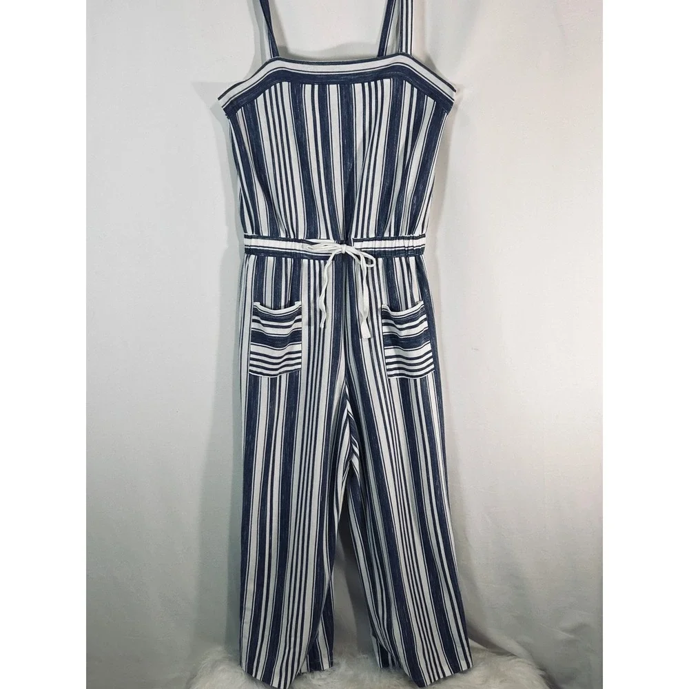 Copper Key Womens Navy White Striped Wide Leg Jumpsuit Size L Drawstring‎ Pocket